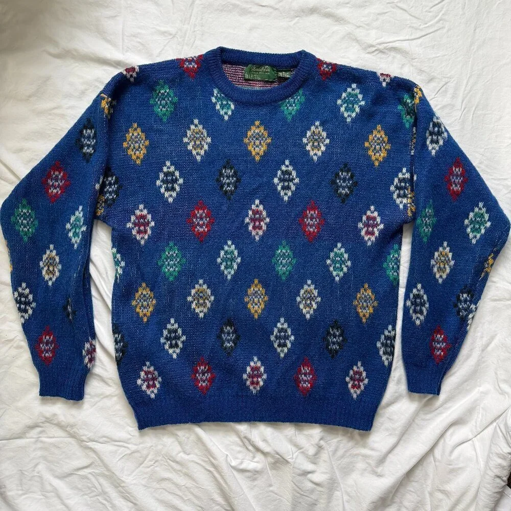 VINTAGE 70s Wool Grandpa Grunge Blue Diamond Print Sweater Large